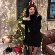 馨悠潔一字肩黑色打底內搭連衣裙子女秋冬圣誕跨年生日戰袍毛絨包臀短裙 【黑色】【深秋初冬穿搭/大碼/入秋/富家千金風(fēng)mi S 40/45kg