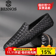 BESNOS意大利品牌男鞋豆豆鞋男士夏季新款編織透氣懶人鞋時尚休閑一腳蹬 黑色 40