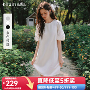 Olrain歐芮兒夏季女裝直筒名媛風(fēng)撞色蕾絲拼接連衣裙 米白色 XL