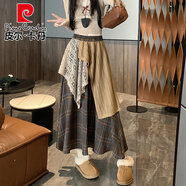 皮爾卡丹（pierre cardin）古著(zhù)廢土風(fēng)格紋不規則半身長(cháng)裙秋季波西米亞復古蕾絲拼接a字裙子 卡其格紋 S