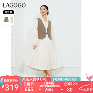 lagogo氣質(zhì)流蘇系帶連衣裙女拉谷谷2024春秋新款舒適馬甲兩件套 米黃色(K6) L