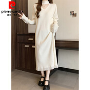 皮爾卡丹（pierre cardin）半高領(lǐng)長(cháng)款打底毛衣裙女秋冬大d碼胖妹妹顯瘦設計感掛脖針織連衣 杏色 S