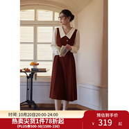 獨束大碼女裝假兩件撞色襯衫領(lǐng)連衣裙女秋冬微胖mm文藝復(fù)古穿搭裙子 勃艮第紅【適合165左右】 L