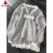 夏雨瑤蕾絲蝴蝶結(jié)拼接寬松毛衣女秋冬新款慵懶風(fēng)甜美針織衫女上衣 灰色 S 建議80-95