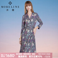 MORELINE沐蘭冬季新款復古中腰印花連衣裙女九分袖碎花裙 綠紫花 M 38