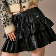 CHUU【謝春花同款】字母刺繡半身裙女2025冬新品仿PU皮荷葉邊蛋糕短裙 黑色 M