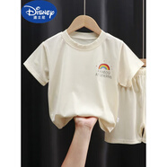迪士尼（Disney）兒童套裝夏季薄款女孩童裝短袖T恤短褲韓版冰絲兩件套男寶寶夏裝 冰絲套裝-米色 80 cm 兩用檔