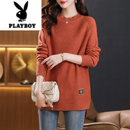 花花公子（PLAYBOY）2025年毛線(xiàn)衫毛衣女中長(cháng)款寬松顯瘦針織衫秋冬圓領(lǐng)加肥加大打底衫 銹紅色 S 建議90斤以下