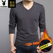花花公子（PLAYBOY）春秋冬V領(lǐng)長(cháng)袖t恤男士純棉體恤打底衫純色雞心領(lǐng)衛衣男丅 中灰加絨款 加絨加 1628純棉 厚 4XL -190 建議190-200斤