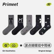 PRIMEET派米黑色蝴蝶結襪子女秋冬中筒襪2025新款miu系堆堆襪小皮鞋長(cháng)襪