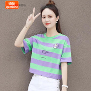 婍妡短袖t恤女士夏季半袖上衣 棉 條紋T恤女2022夏裝新款韓版時(shí)尚短袖短款百搭洋氣休閑上衣 綠紫 L 【建議105-120斤】