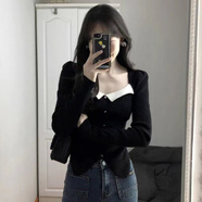 大唐喜樂(lè )牛大碼法式方領(lǐng)泡泡袖針織衫女秋冬修身內搭打底衫設計感上衣高級感 黑色 S碼[90-100斤] 均碼