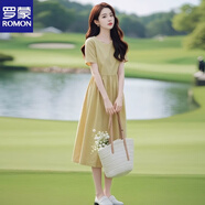 羅蒙A字短袖正式場(chǎng)合連衣裙2025夏裝款韓版女裝收腰顯瘦小個(gè)子獨特裙 黃綠色好貨009 XL 建議115-130斤