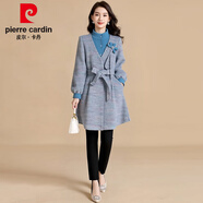 皮爾卡丹小香風(fēng)淑女毛呢外套女秋冬中長(cháng)款系帶收腰高端氣質(zhì)感呢子大衣 藍色 L