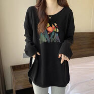 內搭打底衫女新款2025年秋季t恤長(cháng)袖衛衣中長(cháng)款打底衫內搭上衣 典雅黑【T01#涂鴉花朵】 M  85-100斤