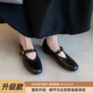 淑茉尋韓國訂單法式復古圓頭平底配裙子真皮單鞋羊皮一字帶瑪麗珍鞋 進(jìn)口小羊皮黑色【升級款】 34