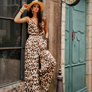 粉紅大布娃娃夏季熱辣豹紋吊帶背心直筒闊腿褲休閑套裝寬松時(shí)尚女 褲子 米駝色 L