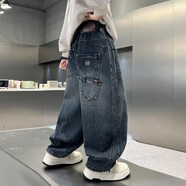 愛 西娜男大童牛仔褲2025秋季新款童裝中大童寬松褲子兒童春秋款直筒褲潮 藍灰色 120