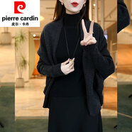 皮爾卡丹（pierre cardin）春秋女領(lǐng)毛衣開(kāi)衫蝙蝠袖寬松針織衫羊毛衫外套披肩上衣針織 黑灰色 XL 115-130斤