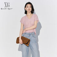 XG雪歌清新粉色V領(lǐng)短袖針織衫女25夏款坑條亞麻上衣XL211815A816 粉色 S 34155S