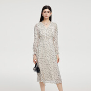 FivePlus秋季新款長(cháng)袖連衣裙女淑女百搭休閑法式V領(lǐng)碎花裙子 白底黑 M