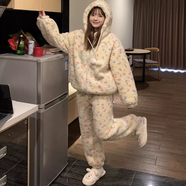 驍芬布丁小熊蜂睡衣女冬季睡袍長(cháng)款珊瑚絨冬天加厚加絨連體家居服套裝 彩色波點(diǎn)睡衣+褲子套裝 S 碼【適合體重80-100斤】