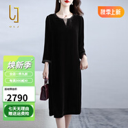 OLJ國際高檔品牌真絲絲絨連衣裙女2025年春秋新款時尚喜宴桑蠶絲裙子 黑色 M 建議110斤以內(nèi)
