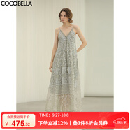 COCOBELLA萬(wàn)針刺繡炒色流蘇仙女連衣裙蕾絲拼接吊帶裙FR0079 豆沙綠 M