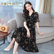 夏典素訂女王（SE.PSTP）碎花冰絲連衣裙子2025年新款女裝夏季天氣質(zhì)大碼媽媽遮肉顯瘦長(cháng)裙 黑色碎花 XL (120-130斤)