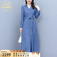 Ehangy國(guó)際輕奢v領(lǐng)長(zhǎng)袖棉麻襯衫連衣裙秋新款連身裙蝴蝶結(jié)收腰a字裙子 牛仔藍(lán)【高端禮盒】 M [建議100斤內(nèi)]