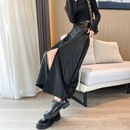 鳶諾黑色PU皮裙半身裙女秋冬年新款中長(cháng)款高腰顯瘦開(kāi)叉包臀一步裙 黑色 S