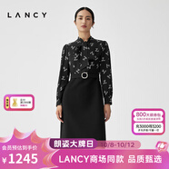 朗姿/LANCY春冬新款高腰飄帶拼接連衣裙羊毛真絲黑裙子女修身 夜幕黑色 S