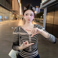 麗喬韓系氣質(zhì)撞色條紋翻領(lǐng)長(cháng)袖t恤女秋季新款修身顯瘦內搭打底衫上衣 條紋上衣 S碼78-98 均碼