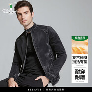 薩拉維夫（SLLAVIF）春秋新款立領(lǐng)拉鏈牛仔外套 男士大碼潮流機車(chē)夾克 黑色 M