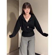 美式排扣v領(lǐng)蝙蝠袖白色長(zhǎng)袖t恤女秋季松弛感寬松慵懶風(fēng)設(shè)計(jì)感上衣 黑色 M