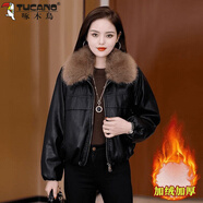 啄木鳥（TUCANO）可拆卸大毛領(lǐng)加絨加厚皮衣外套女士短款2025年秋冬新款寬松派克服 黑色 +毛領(lǐng) 加絨 2XL 建議125-135斤