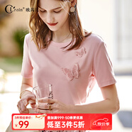 Olrain歐芮兒立體刺繡蝴蝶T恤夏季新款圓領(lǐng)短袖粉色寬松上衣設計感 粉色 L