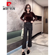 皮爾卡丹（pierre cardin）歐貨2025新款秋季高腰顯瘦仿皮褲拼接微喇涂層褲女休閑九分煙管褲 黑色 M 適合 80- 100斤
