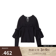SNIDEL秋冬甜美淑女圓領(lǐng)微透荷葉邊拼接針織衫SWNT244182 深藍色 均碼 （F）
