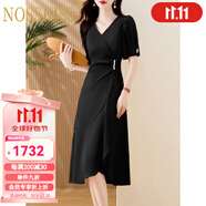 NOSSKISS奢侈高檔品牌短袖連衣裙女2025年夏季新款收腰氣質(zhì)顯瘦高級雪紡裙 黑色 L 【建議105-115斤】