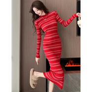 子耳秋冬包臀毛衣裙針織連衣裙2025東莞大朗廣東潮汕慵懶風(fēng)圓領(lǐng)條紋連 深藍色 L