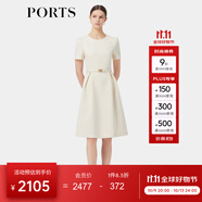 PORTS寶姿春季新品女裝優(yōu)雅純色通勤腰帶裝飾束腰短袖連衣裙 奶白色-1 XS (2)