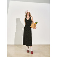 SOMESOWE設計感碎花背心連衣裙子女夏蕾絲花邊V領(lǐng)露背收腰中長(cháng)裙 黑色 L