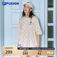 FILA FUSION斐樂潮牌情侶款針織短袖衫2025春新款休閑寬松純棉T恤 麥乳色-BG M （170/92A/M）