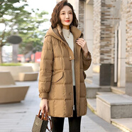 朦朧杏大碼羽絨服女200斤顯瘦中長(cháng)款高端年輕薄時(shí)尚歐貨洋氣媽媽冬裝外 卡其 夾保暖 M 建議100斤內