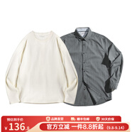 馬登工裝美式復古磨毛豎條紋襯衫男翻領休閑長袖襯衣修身薄款上衣外套 錫灰色襯衫+米白T恤 L