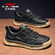 公牛世家（G.N.Shi Jia）男鞋2025新款秋季覆古休閑皮鞋男款手工潮流百搭工裝板鞋 黑色 39