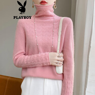 花花公子（PLAYBOY）2025休閑新品羊.毛衫女堆堆領(lǐng)毛衣鏤空提花羊.絨衫高領(lǐng)針織打底 粉色 【原版】官方旗艦版 S