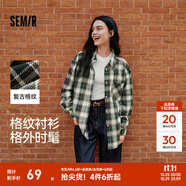 森馬（Semir）長袖襯衫女中長款慵懶寬松落肩休閑秋季chic復(fù)古格紋襯衣潮流 綠黑色調(diào)00449 M