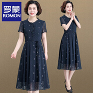 羅蒙（ROMON）媽媽夏裝連衣裙氣質(zhì)高貴2025新款闊太太中老年女夏季洋氣雪紡裙子 藏青色 2XL (推薦115-125斤左右)